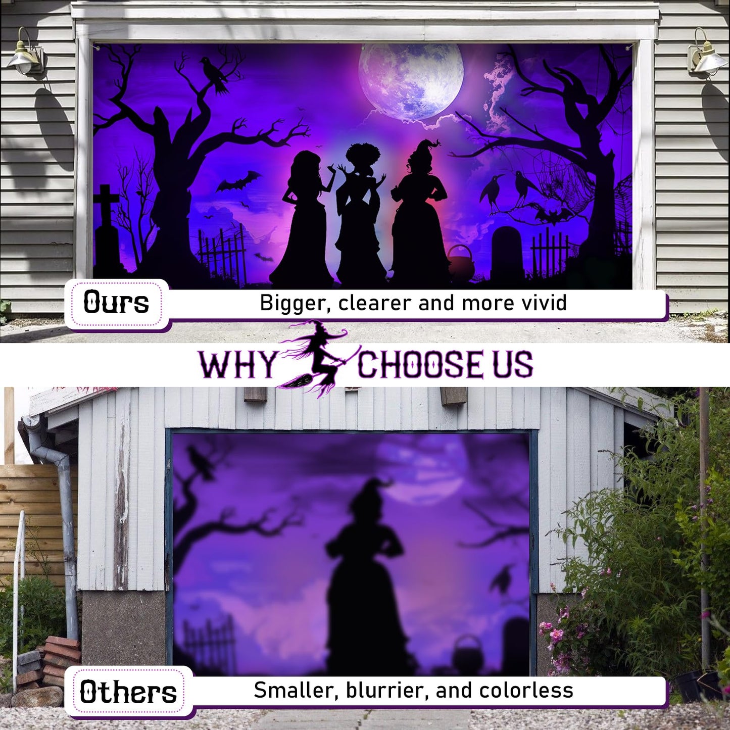 7 x 16 Ft Halloween Garage Door Cover Decorations Outdoor, Large Hocus Pocus Witches Silhouette Decor, Scary Double Garage Buddy Halloween for Home Wall Window Patio Yard Outside