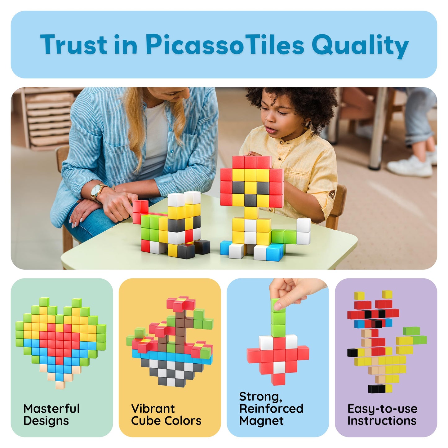 PicassoTiles 102pcs Pixel Magnetic Puzzle Cube 1” Pixel Mix & Match Toys with Ideabook STEM Education Learning Building Block Magnets Construction ToySet Stacking Creative Kit for Kids Age 3+ PMC102