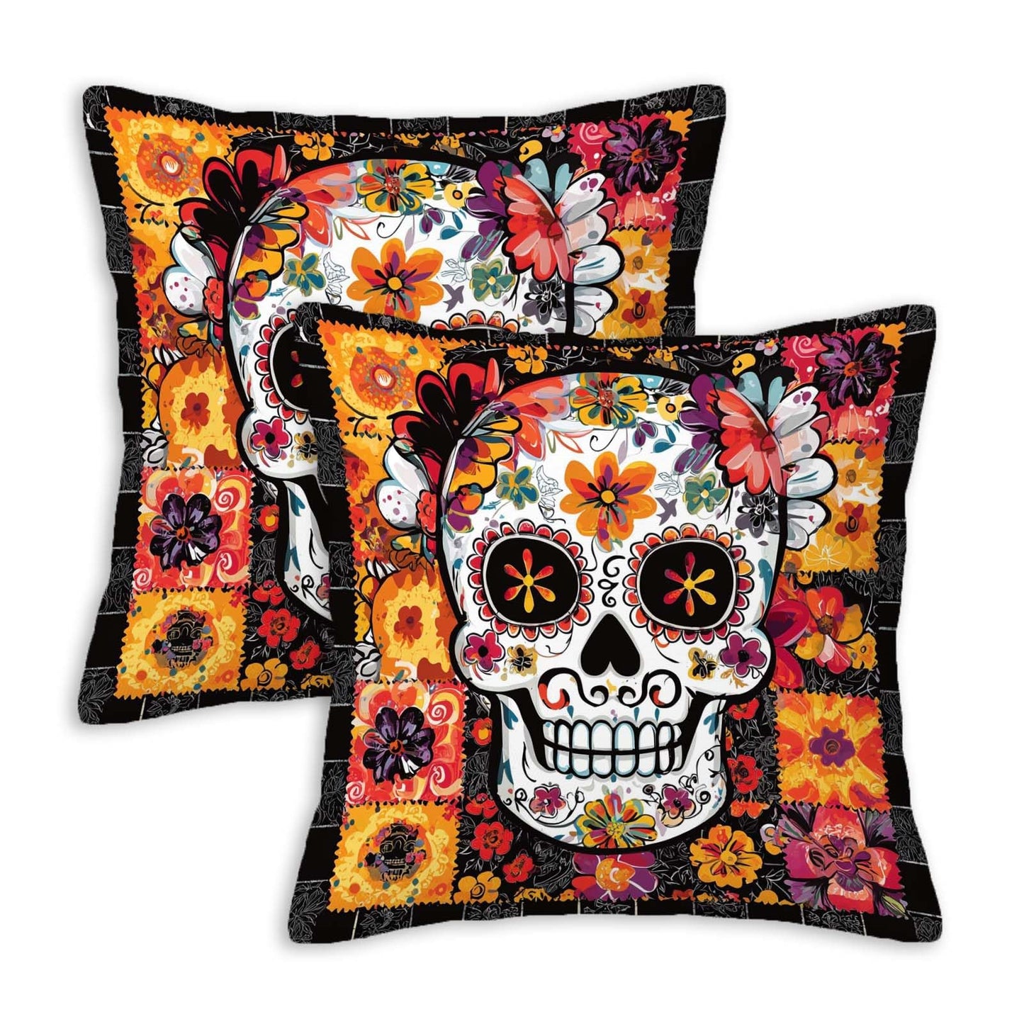 NenuVainl Throw Pillow Covers 18x18 Set of 2, Sugar Skull Cushion Covers, Decorative Square Pillowcases for Couch, Bedroom, Living Room