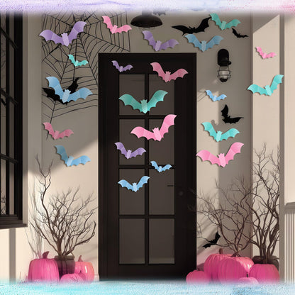 TaoBary 64 Pcs Pastel Halloween 3D Bats Wall Decor 4 Different Sizes Pastel Reusable PVC Scary Bat Stickers for Home Door Window Party Decorations