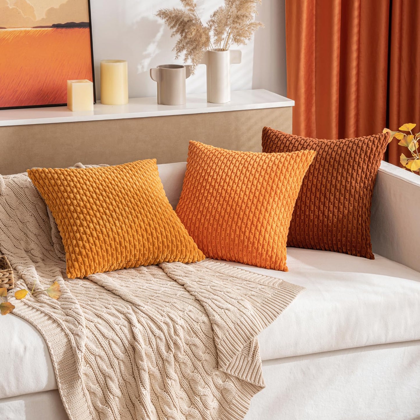 MIULEE Orange Throw Pillow Covers Soft Corduroy Decorative Set of 2 Boho Striped Pillow Covers Pillowcases Farmhouse Home Decor for Halloween Couch Bed Sofa Living Room 20x20 Inch