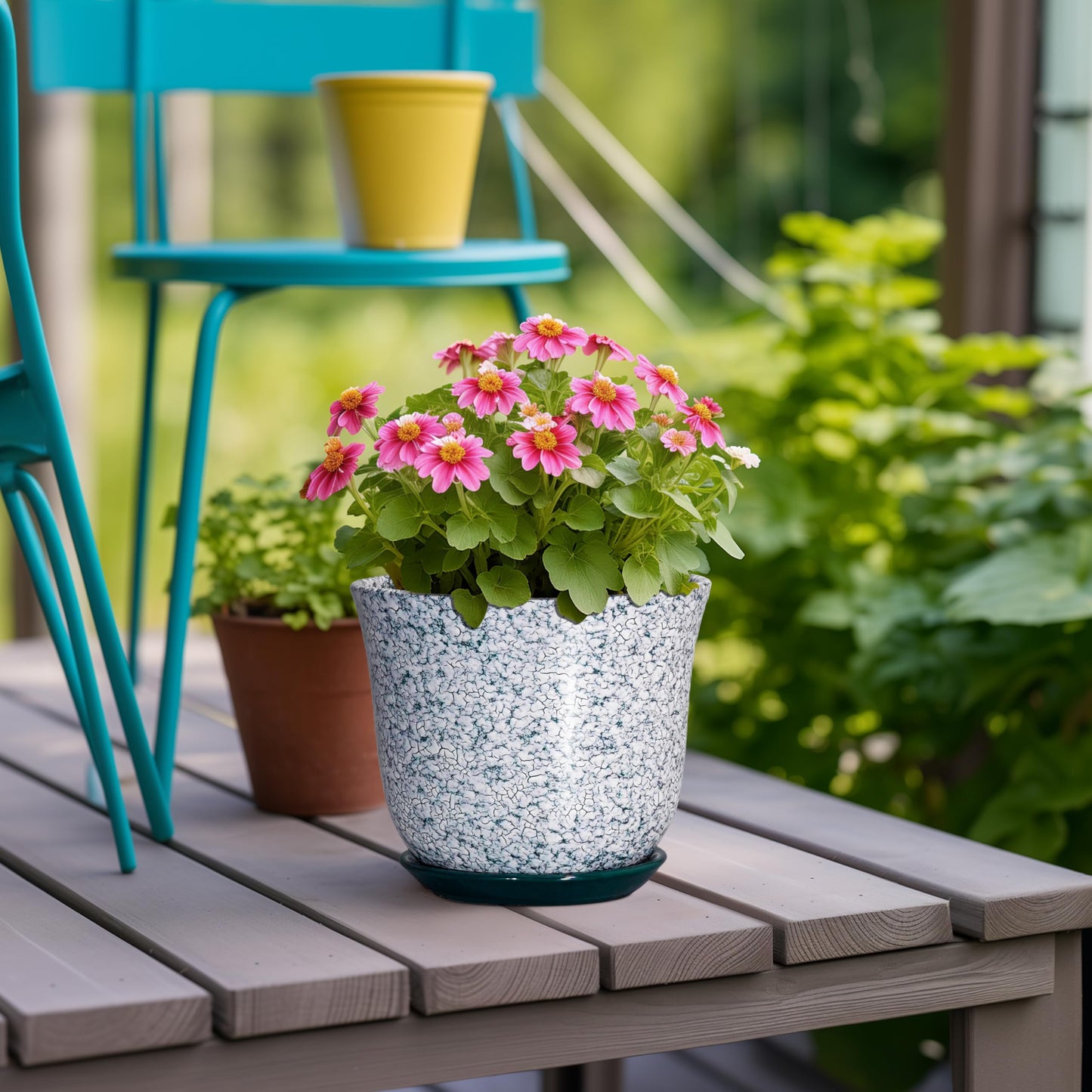 SUNPOTFOR 5.6 Inch Plant Pot - Ceramic Plant Pots for Indoor Outdoor, Round Orchid Succulent Pots with Drainage Hole and Saucer, Modern Flower Pot, Home Office Decor, Green-White