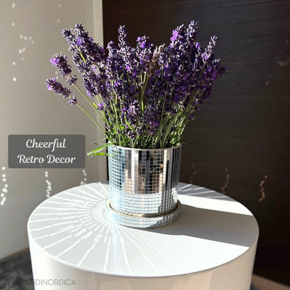 SCANDINORDICA Disco Ball Planter 6" Silver with Chain and Macrame Hanger and Disco Ball Planter Pot 4.3" with Saucer (0.2x0.2 mirror tiles)