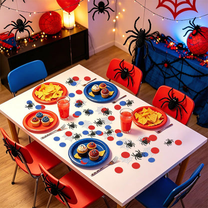 200 Pcs Spider Web Table Confetti Red Blue Round Paper Scatter Hero Themed Table Decorations for Birthday Party Halloween Spooky Baby Shower DIY Crafting Supplies