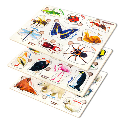 QUOKKA Wooden Puzzles for Toddlers 1-3 – 3xSET Kids Puzzles Ages 2-4 – Montessori Toy Puzzle for Toddlers 3-5 – Wood Toy Learning Realistic Insects - Arctic Animals - Birds for Boy and Girl
