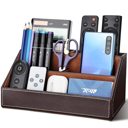 KINGFOM Pu Leather Desk Organizer with 5 Compartments Holder, Multi-Functional Office Supplies Storage Caddy for Pen/Pencil, Phones, Remote Controller and Desktop Accessorie Brown