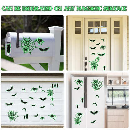 Whaline 25Pcs Halloween Garage Decoration Magnet Stickers Luminous Bat Spider Web Garage Door Decals Scary Magnet Refrigerator Stickers for Halloween Party Home Car Garage Door Decorations
