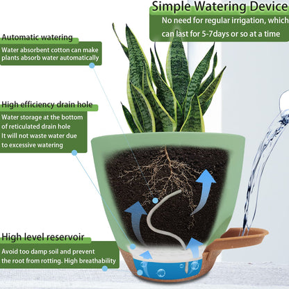 Self Watering Planters with Drainage Holes Reservoir,Nursery Planting Pot for Indoor Decor Garden Plants Succulents,Snake Plant, African Violet,Plastic Flower Pots Set 7+6.5+6+5.5+5 Inch (Green)