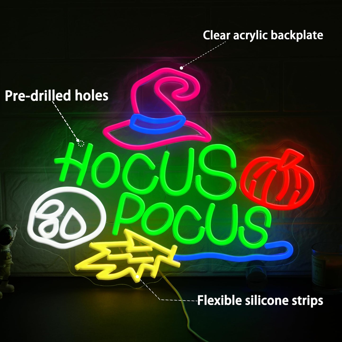 AEHEMNGZ Hocus Pocus Halloween Neon Sign for Wall Decor Mysterious Witch Hat LED Neon Sign Skull Light Up Sign for Bedroom Halloween Decoration Bar Party Gift（16.54 * 12.6in）