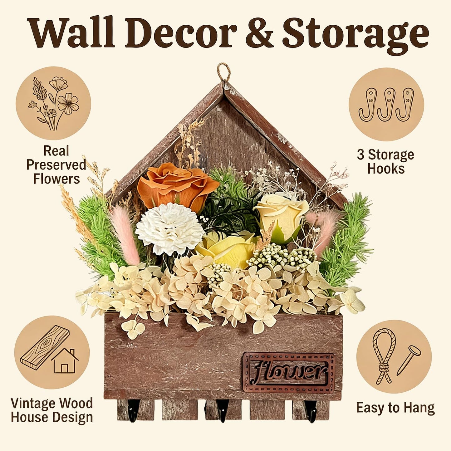 EIGHTOWN Orange Floral Wall Hooks, Farmhouse Wooden House Shape Key Holder with 3 Hooks, Artificial Soap & Dried Flower Decorative Hanger for Entryway, Living Room, Home Decor (Orange)