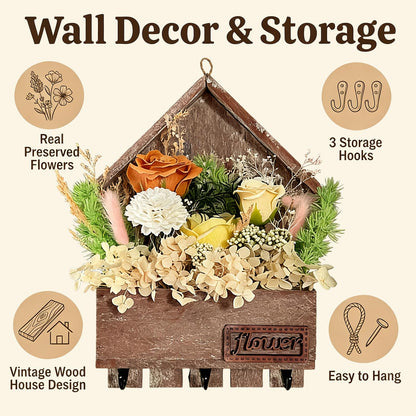 EIGHTOWN Orange Floral Wall Hooks, Farmhouse Wooden House Shape Key Holder with 3 Hooks, Artificial Soap & Dried Flower Decorative Hanger for Entryway, Living Room, Home Decor (Orange)