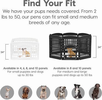 IRIS USA Dog Playpen with Door, 24” 8 Panel Pet Exercise Pen – Indoor Outdoor Puppy Play Pen, Portable Plastic Pet Fence for Small Medium Dogs, Foldable 83.5” x 83.5” x 24”, White