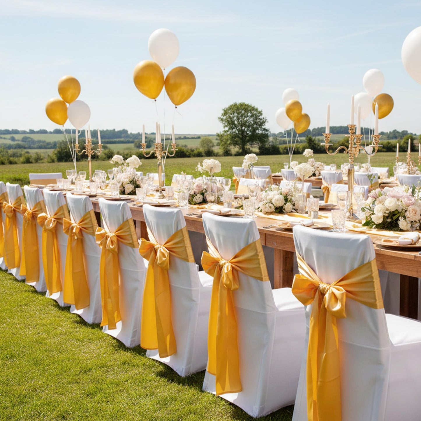 Hodoee 50 PCS Gold Satin Chair Sashes Bows Universal Chair Ribbon Ties Back Sash for Wedding Party Banquets Event Chair Cover Decoration(Gold, 7x108 inch)