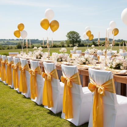 Hodoee 50 PCS Gold Satin Chair Sashes Bows Universal Chair Ribbon Ties Back Sash for Wedding Party Banquets Event Chair Cover Decoration(Gold, 7x108 inch)