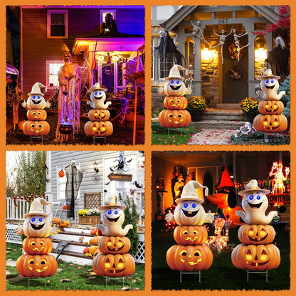 2Pcs 4.0FT Ghost Halloween Decorations Plastic Yard Signs with Stakes,Spooky Halloween Pumpkin Decorations Outdoor, Scary Silhouette Glow in Dark Eyes for Outdoor Yard Lawn Garden
