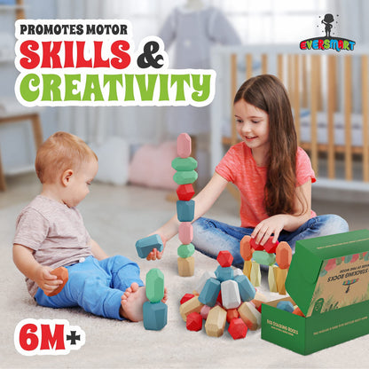 EVERSMART 36 Pcs Wooden Stacking Blocks – Montessori Toys for 1 2 3 4 5 6 Year Old Toddlers and Kids, XL Rocks, No Choking Hazard – Sensory STEM Building Stones, for Girls and Boys