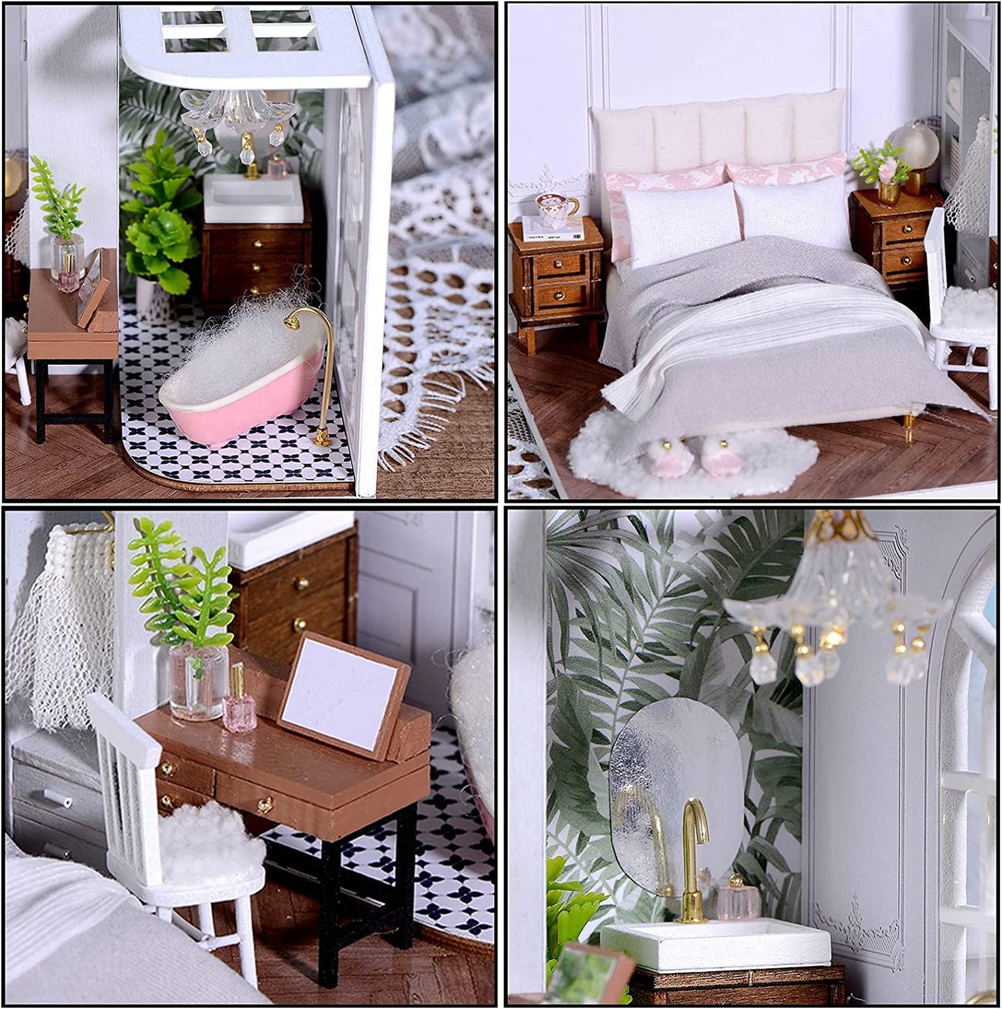 CUTEROOM DIY Doll Room Miniature Furniture Wooden House Kit - Wooden Dolls House Kit with Dust Cover & LED Light and Accessories - QT Series Dollhouse (QT011)