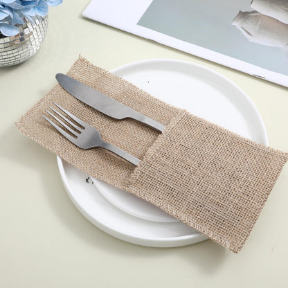 AojSup 50 Pcs Burlap Utensil Holder Pouch Set - 4 x 8.8 Inch Natural Jute Cutlery Pouch for Wedding Party Decor, Reusable Silverware Bags with Deep Pockets for Knives Forks Spoons