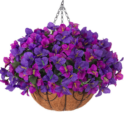 Artificial Hanging Flowers Plant with Basket for Outdoors Spring Decor, Fake Hanging Plants Faux Bougainvillea in Planter Look Real UV Resistant Silk Flowers for Outside Porch Patio Garden Home, Mix