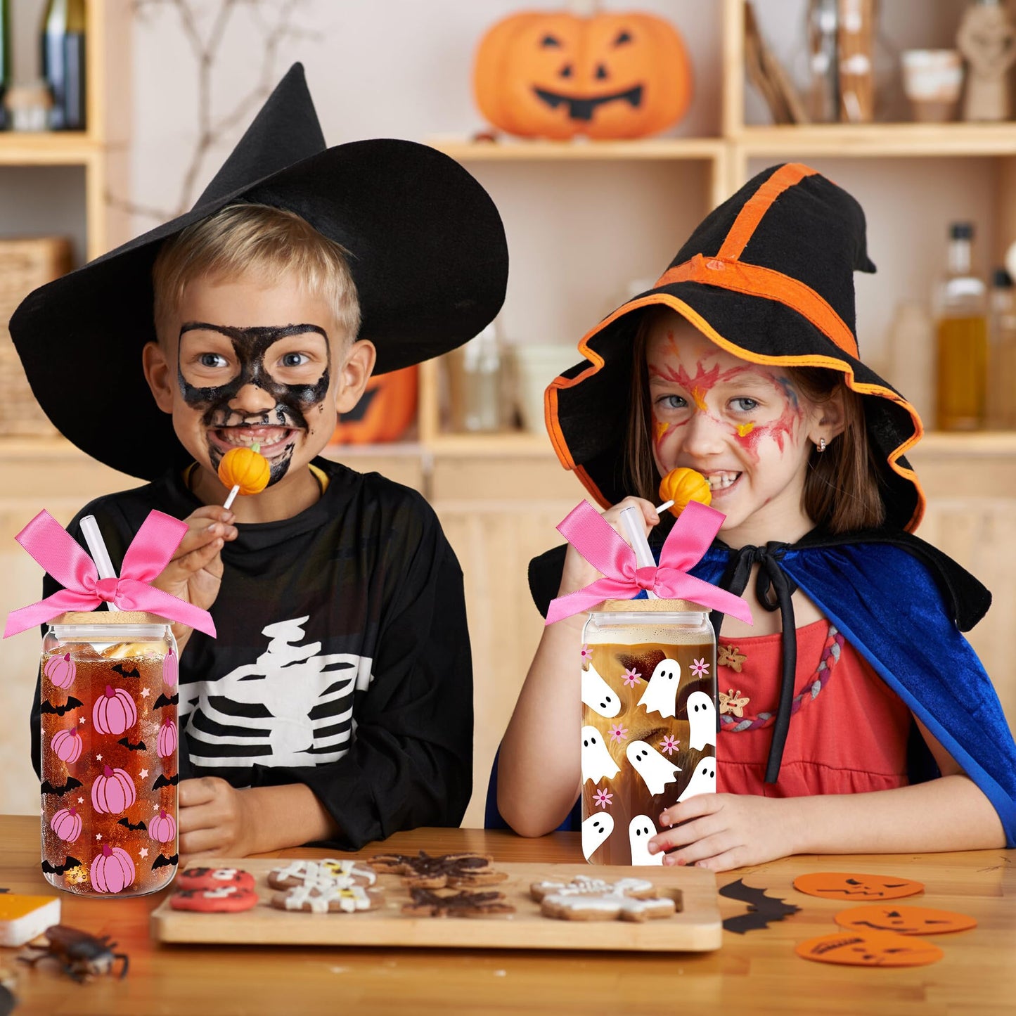 2 Pack Halloween Pumpkin Ghost Bat Iced Coffee Glass Tumbler Cups with Lids and Straws - 16Oz Spooky Halloween Pumpkin Ghost Glass Tumbler Gifts With Pink Bow-knot for Women, Girls, Kids