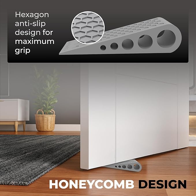 Door Stoppers for Bottom of Door Premium Floor Rubber Door Stop Wedge Made in USA Heavy Duty Honeycomb Design for Carpet, Tile, Ideal for Home, School, Commercial, Black 2-Pack