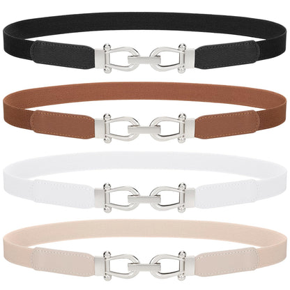 TRIWORKS 4 Pack Skinny Elastic Belts for Women Silver Buckle Thin Stretchy Waist Belts for Dresses