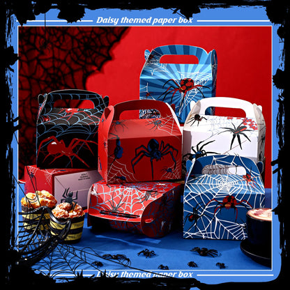 Gilprop 16 Pcs Spider Birthday Party Favor Boxes Spider Gifts Goodie Treat Boxes with Handles 6.3 x 3.23 x 3.74 Inches Double Sided Printed Gable Candy Bag for Party Supplies, 6 Style