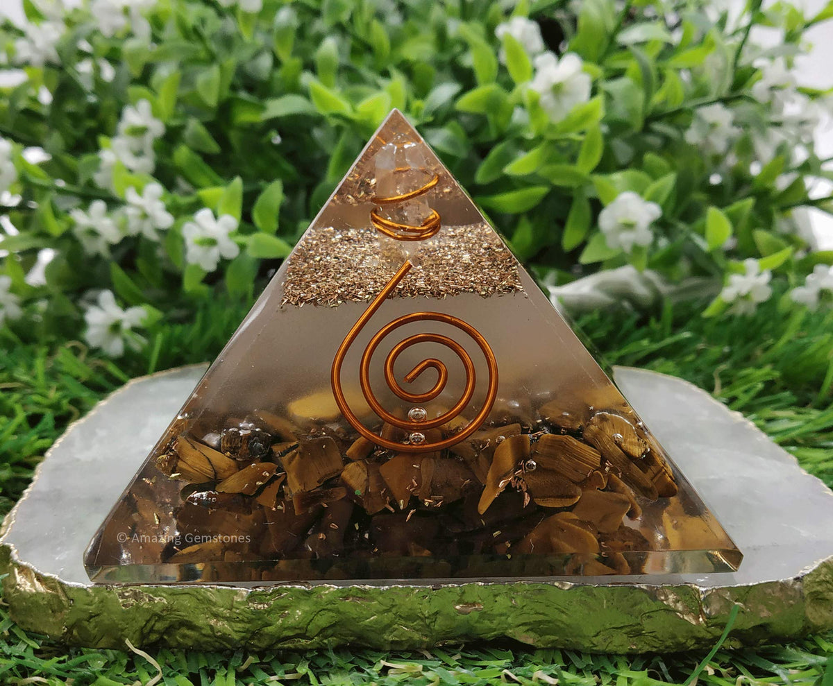 Large Orgone Pyramid | Glow in Dark Tigers Eye Pyramid Crystal | Orgonite Pyramid | Organ Pyramids Positive Energy Healing