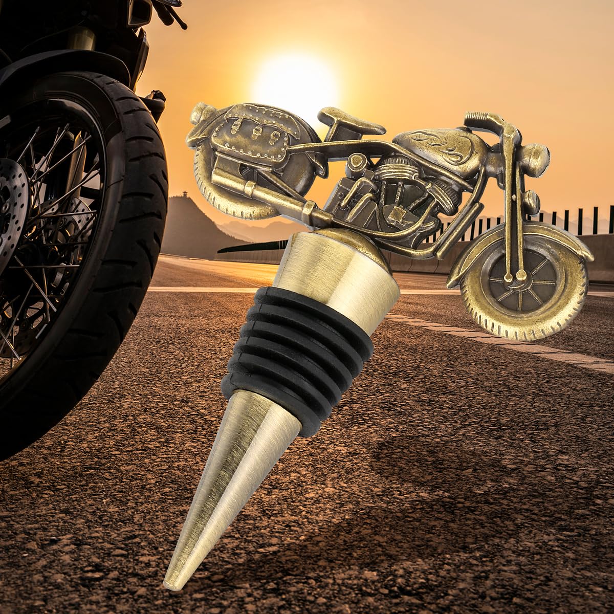 LULLEA Motorcycle Wine Bottle Stopper, Unique Motorcycle Gifts Wine Gifts for Men Women, Father's Day, Christmas, Birthday Gifts for Bikers, Wine Saver, Bronze with Bag