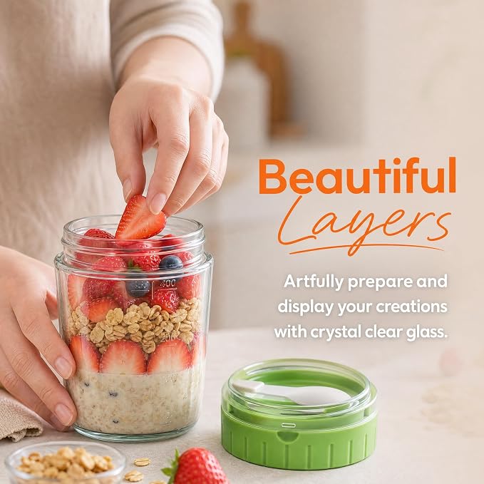EONJOE Overnight Oats Containers with Lid and Spoon - 16oz Glass Mason Jars for Meal Prep, Yogurt,Pudding- Set of 4