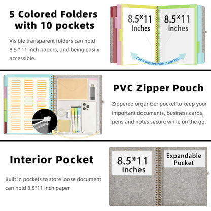 Ospelelf Foldable Spiral Clipboard Folio with Storage Zipper Pouch, 5 Plastic Folders with 10 Pockets,Refillable Lined Notepad (11" x 8.5"), Hardcover Project Organizer with 39 Stickers (Grey)