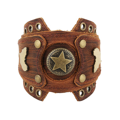 HZMAN Leather Bracelets Retro Men's Leather Cuff Bracelet Adjustable Wide Wristband Bracelet Jewelry Gift