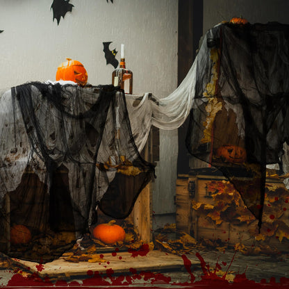 Boao 85" X 197" Halloween Cheesecloth Luminous Large Creepy Cloth for Crafts Halloween Gauze Fabric Decorations Haunted Cheesecloth for Stairway, Wall, Window, Outdoors Doorways Decor(Black-glow)
