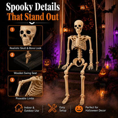 Sintuff Halloween Swinging Skeleton on Swing, Outdoor Swinging Ghost Decor, 35.4" Hanging Skeleton with 13.8" Wooden Seat for Yard, Porch, Tree, Spooky Halloween Decorations