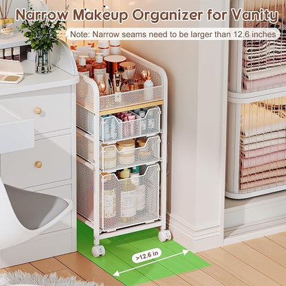 Hongtamoya Rolling Makeup Cart Organizer with 3 Drawers, Narrow Floor Skincare Organizers, Vanity Organizer Cosmetics Display Cases Holder for Skin Care Nail Polish Perfume Makeup Brush, White