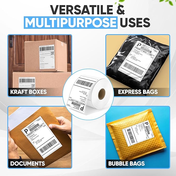 PackGurus 4"x6" Direct Thermal Label Roll, Shipping Labels with Perforated, Commercial Grade for Thermal Printer, 500 Labels/Roll, 4 Rolls (2,000 Labels Total)