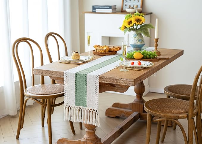 FEXIA Boho Table Runner for Home Decor with Tassels 108 Inches Long,Sage Green Farmhouse Rustic Table Runner Macrame Burlap Table Decoration for Living Room Bridal Shower(12x108 Inches)