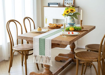 FEXIA Sage Green Table Runner 60 Inches Long with Tassels Boho for Summer Home Decor Rustic Macrame Farmhouse Table Cover for Wedding Party Bohemian Bridal Shower Dining Decorations(12x60 Inches)