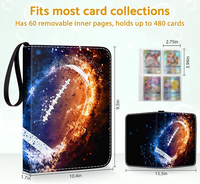 Football Card Binder Holder 480 Pockets with 60 Removable Sleeves, Portable Sports Trading Cards Binder Album Collector Organizer Protectors with Zipper,Waterproof