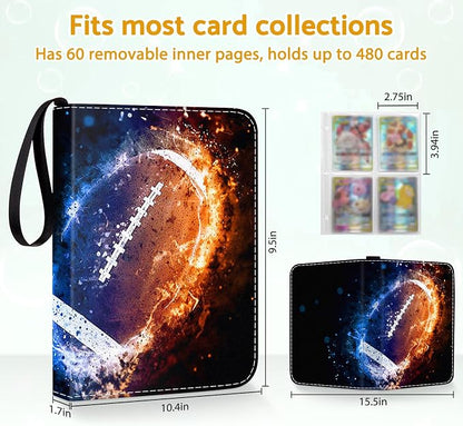 Football Card Binder Holder 480 Pockets with 60 Removable Sleeves, Portable Sports Trading Cards Binder Album Collector Organizer Protectors with Zipper,Waterproof