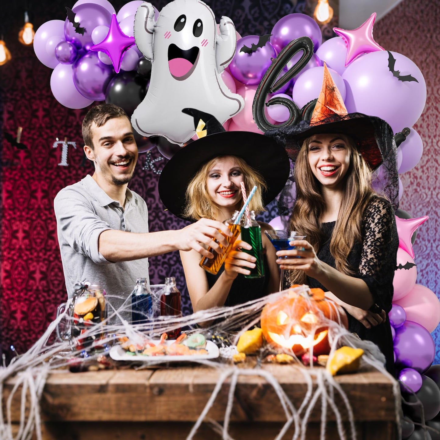 Halloween Balloon Arch Garland, Pink Purple Balloons with Star Cute Ghost Boo Foil Balloon, Metallic Purple Pink Black Latex Balloons Bat Stickers for Kids Girls Birthday Halloween Party Decorations