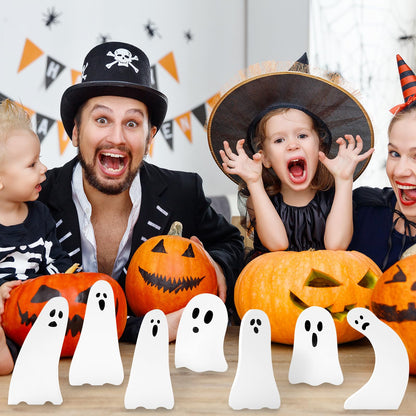 Whaline 7Pcs Halloween Wooden Table Signs Cute Ghost Shape Wooden Cutouts Rustic Tiered Tray Decor for Home Office School Desk Tabletop Decoration