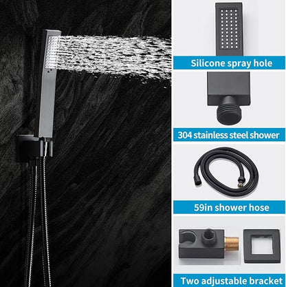 Matte Black Shower Faucet Set with Tub Spout 10 Inch, Shower Head and Handle with 2 Hooks, Tub and Shower Faucet Combo, Rain Shower and Handheld Shower System Square Wall Mount for Bathroom