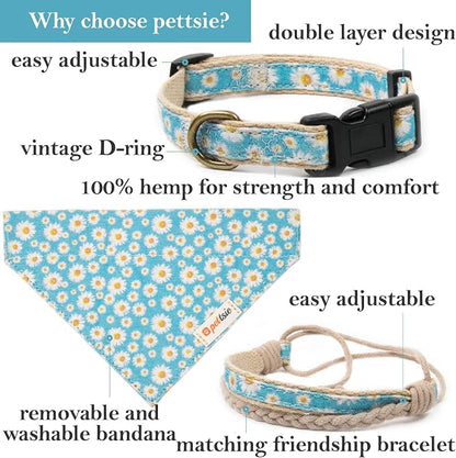 Pettsie Hemp Dog Bandana Collar & Matching Owner Friendship Bracelet | Matching Friendship Bracelet, Durable Hemp, Adjustable, Secure D-Ring, Soft & Comfortable, Turquoise