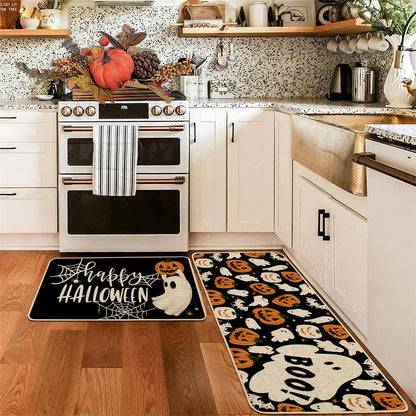 Baccessor Happy Halloween Kitchen Rugs Set of 2, Ghost Pumpkin Kitchen Mats for Floor Hallway Laundry Sink Low-Profile Halloween Holiday Home Decor 17x29 and 17x47 Inch