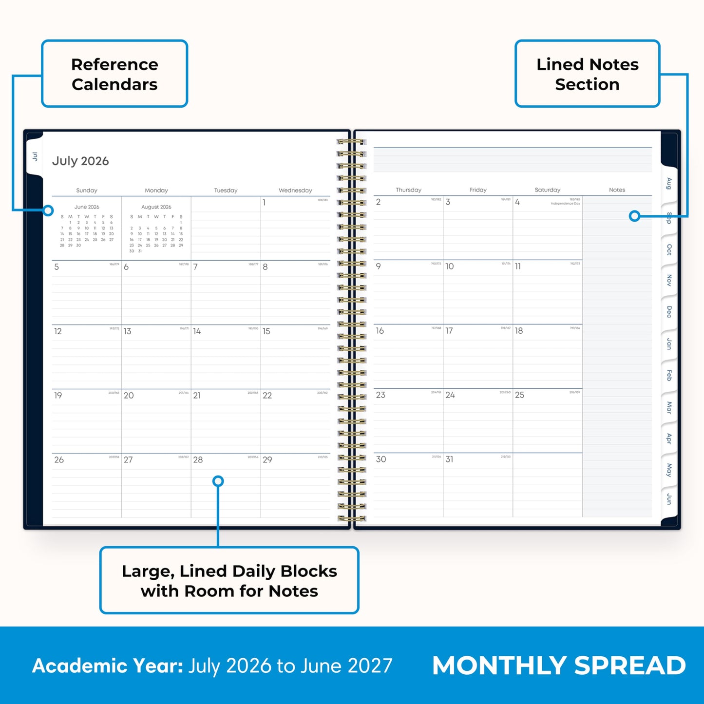 Blue Sky 2026-2027 Weekly and Monthly Academic Year Teacher Lesson Planner Calendar, July 2026 - June 2027, 8.5" x 11", Flexible Cover, Wirebound, Laminated Tabs, Storage Pocket, Solid Navy