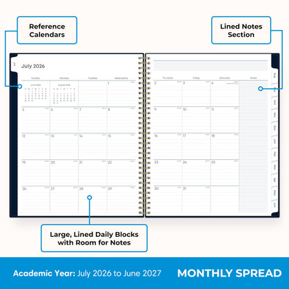 Blue Sky 2026-2027 Weekly and Monthly Academic Year Teacher Lesson Planner Calendar, July 2026 - June 2027, 8.5" x 11", Flexible Cover, Wirebound, Laminated Tabs, Storage Pocket, Solid Navy