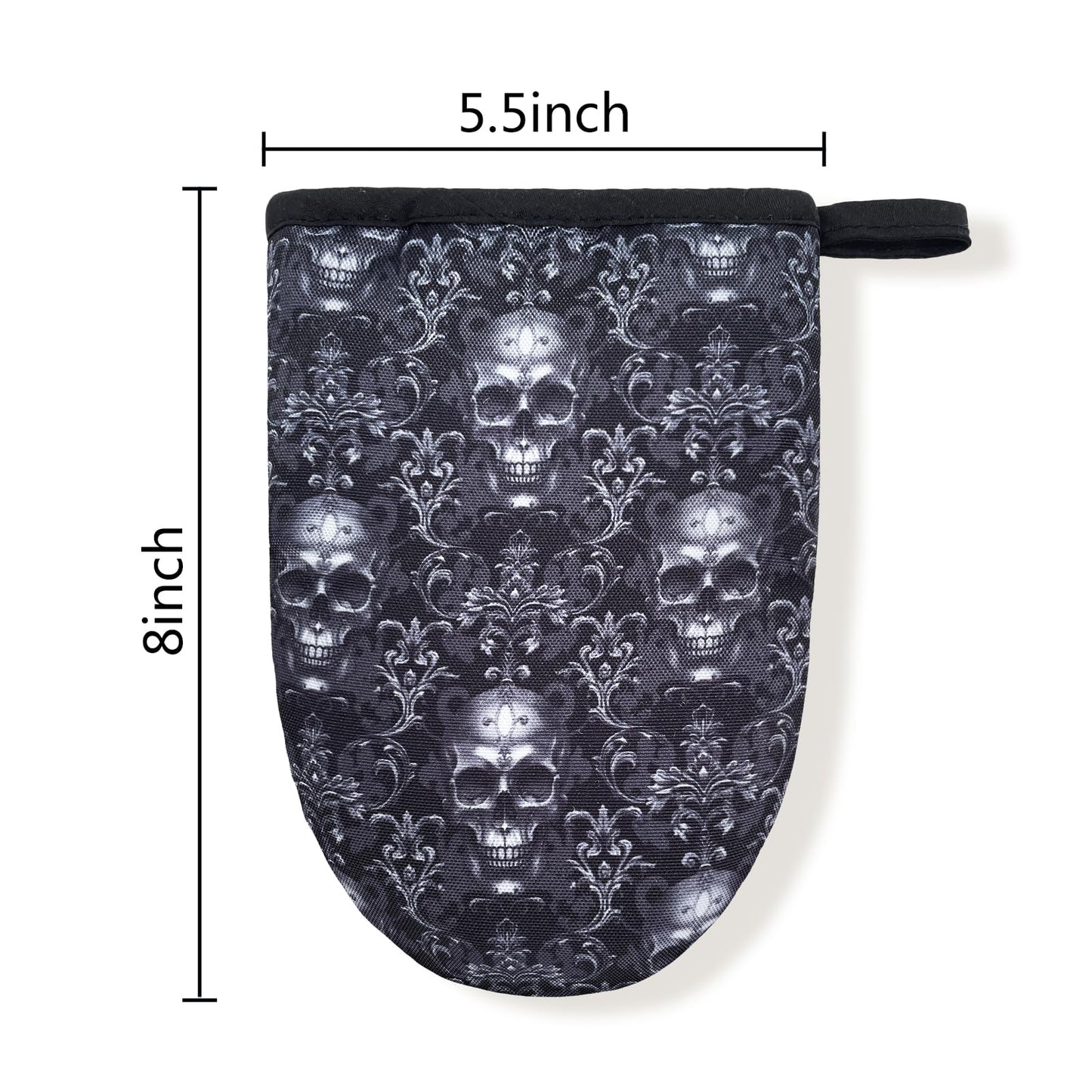 Black Gothic Skull Goth Skeleton Flower Mini Silicone Oven Mitts, Heat Slip Resistant Kitchen Gloves 2-Pack Set, Soft Short Small Oven Mittens Pot Holders for Baking Grilling Barbecue Microwave Gift