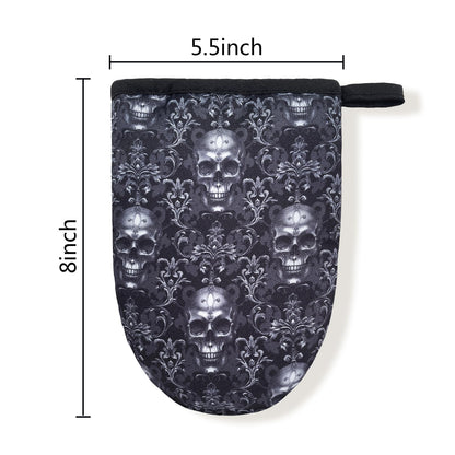 Black Gothic Skull Goth Skeleton Flower Mini Silicone Oven Mitts, Heat Slip Resistant Kitchen Gloves 2-Pack Set, Soft Short Small Oven Mittens Pot Holders for Baking Grilling Barbecue Microwave Gift