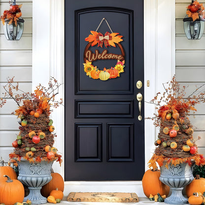 IARTTOP Fall Welcome Front Door Sign(29x28cm) Thanksgiving Pumpkin Wall Hanging Maple Leaves Door Hanger Autumn Harvest Wall Hanging Sign Fall Wreaths for Porch Farmhouse Garden Decoration